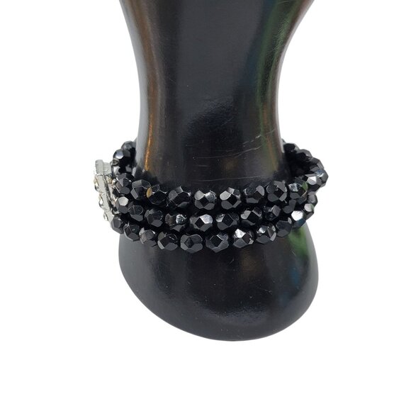 Fauceted Jet Bead Multistrand Bracelet Rhinestone Clasp Vintage 1930s Size 7.5 - Picture 4 of 11